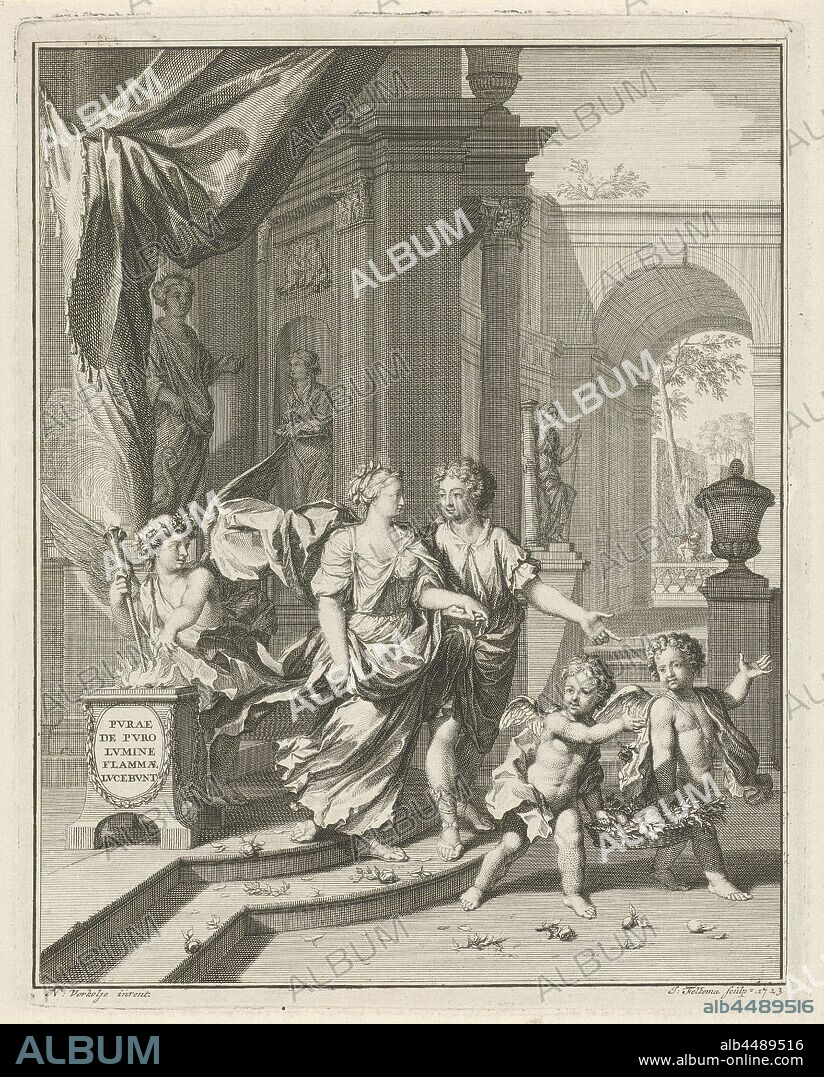 Allegory of marriage, A love couple walks hand in hand out of a temple and is checked by Juno, guardian of marriage and birth. Two putti walk ahead of the couple and sprinkle flowers. On the left is an angel with a torch at a sacrificial column with the text 'Purae de Puro Lumine Flammae Lucebunt', 'Castitimrimoniale', 'Fede maritale', 'Matrimonio' (Ripa), Juno Iuga, Juno Pronuba, protectress of marriage, Jacob Folkema (mentioned on object), 1723, paper, engraving, h 250 mm × w 198 mm.