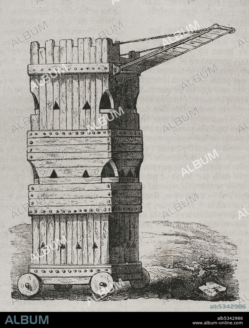 Historia Antigua. Torre de asedio de madera o helépolis. Grabado. Historia General de España por el Padre Mariana. Madrid, 1852.