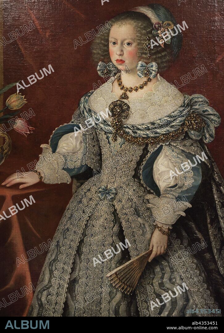 Mariana de Austria (1634-1696). Reina de España, esposa de Felipe IV. Retrato por Frans Luycks (1604-1668), hacia 1646. Detalle. Museo de Bellas Artes. La Coruña. Galicia. España. (En depósito, Museo Nacional del Prado, Madrid) .