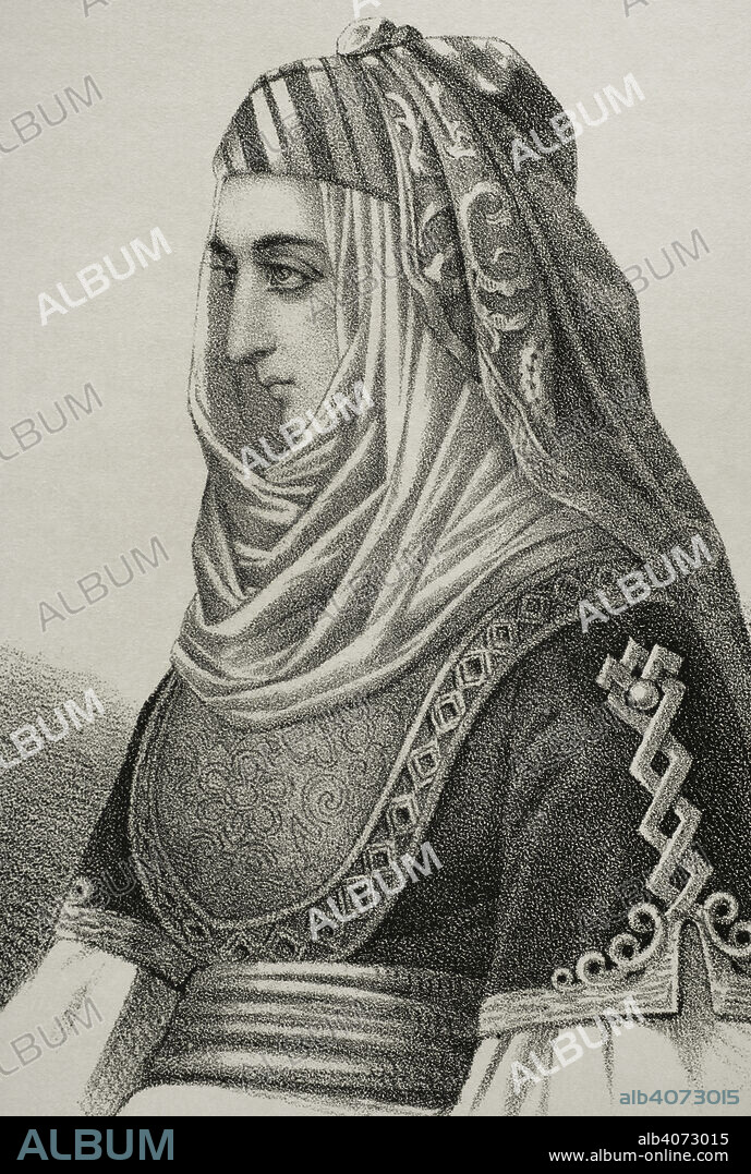 SANTIAGO LLANTA (FL. 1866-1872). FRENCH LITHOGRAPHER WHO WORKED IN SPAIN.. Aisha bint Muhammad ibn al-Ahmar (siglo XV). Reina de Granada, llamada Aisha al-Hurra o Aixa. Esposa del rey nazarí Muley Hacén (1436-1485) y madre de Boabdil el Chico (1459-1533). Retrato. Dibujo por Llanta. Litografía. Detalle. Crónica General de España, Historia Ilustrada y Descriptiva de sus Provincias. Andalucía, 1869.