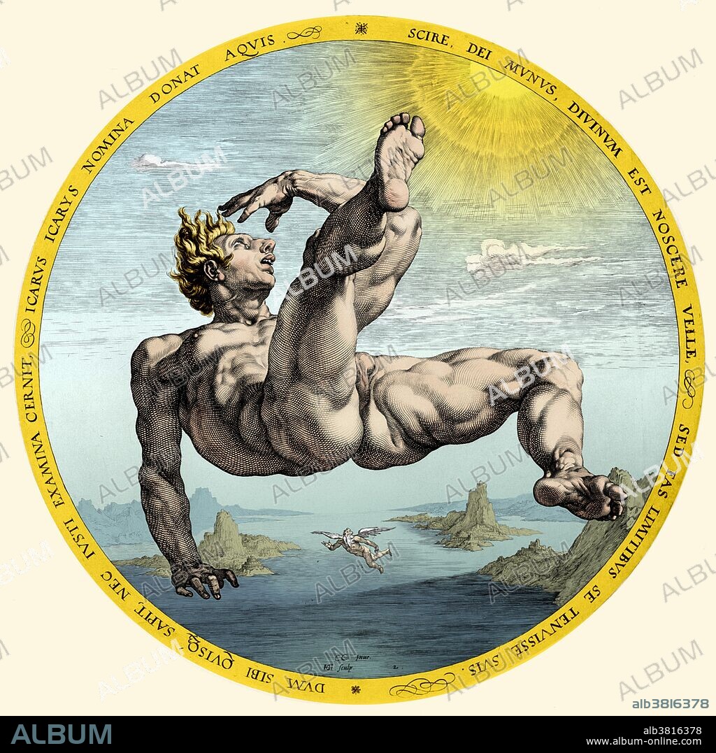 Icarus, engraving by Hendrick Goltzius, 1588. Part of a series entitled: The Four Disgracers. Icarus was the son of Daedalus who dared to fly too near the sun on wings of feathers and wax. Daedalus had been imprisoned by King Minos of Crete within the walls of his own invention, the Labyrinth. But the great craftsman's genius would not suffer captivity. He made two pairs of wings by adhering feathers to a wooden frame with wax. Giving one pair to his son, he cautioned him that flying too near the sun would cause the wax to melt. But Icarus became ecstatic with the ability to fly and forgot his father's warning. The feathers came loose and Icarus plunged to his death in the sea. Literary interpretation has found in the myth the structure and consequence of personal over-ambition.