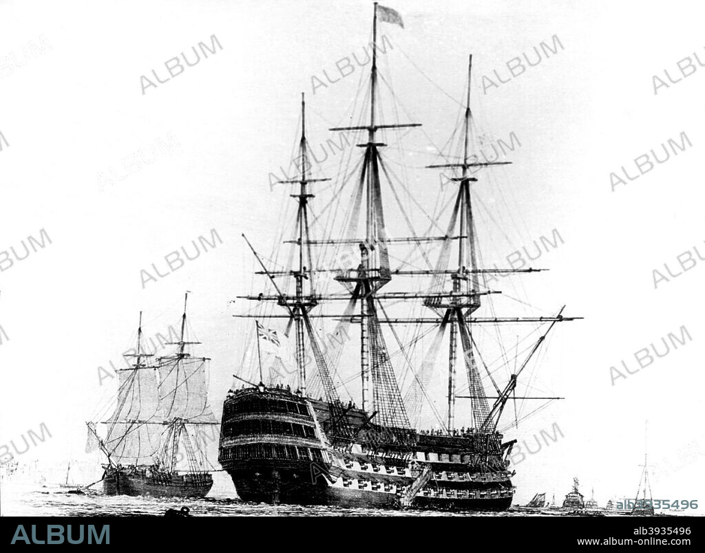 HMS Victory at Portsmouth, 19th century. Nelson's ship 'Victory' was a ship of the line of the Royal Navy, built between 1759 and 1765.