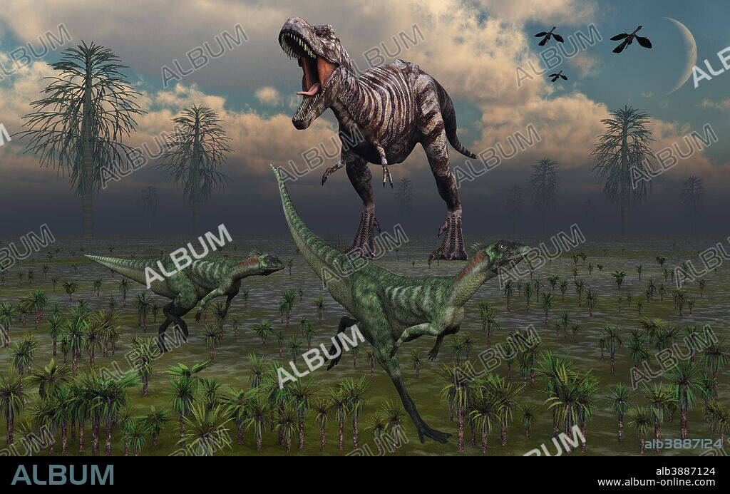 Two Lesothosaurus dinosaurs run out of the way of a fierce Tyrannosaurus Rex on a rampage. When T. Rex goes on a rampage, nothing is safe, so the safest course of action is to stay well out of its way and avoid ending up between its powerful jaws as its next meal.