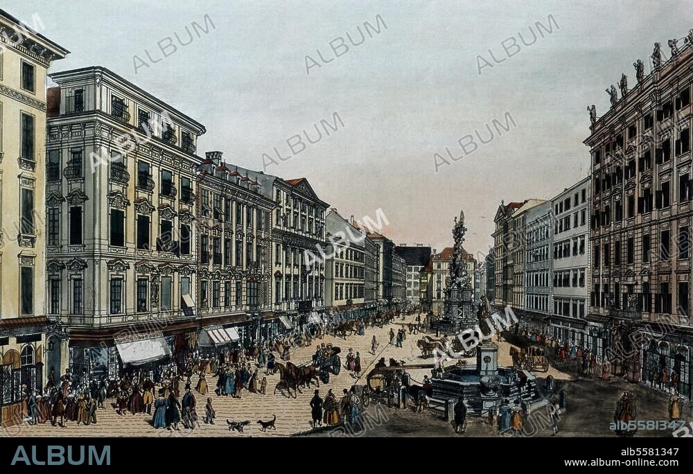 Vienna, Graben. "View from the Graben facing the Kohlmarkt". (With St. Leopold's fountain and the Plague memorial; Trattnerhof on the right). Etching, coloured, c. 1830. (Using the original plate, 1781, by Carl Schuetz.).