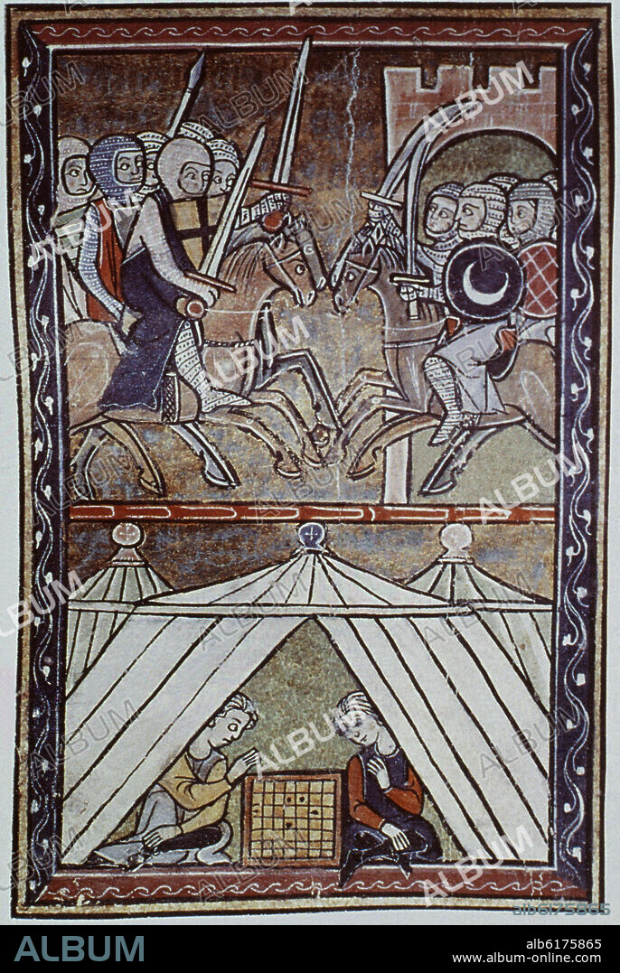 COMBATE DE CRUZADOS CONTRA SARRACENOS - MINIATURA - SIGLO XIV.