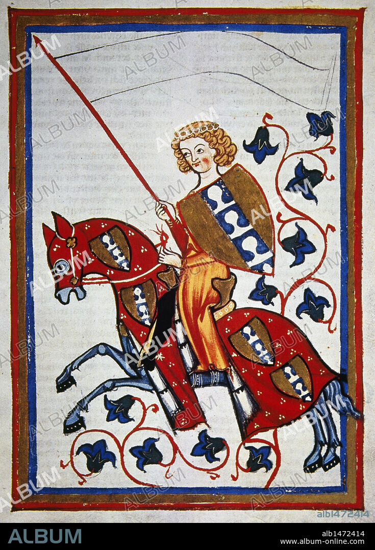 SOCIEDAD MEDIEVAL. SIGLO XII. "HEINRICH VON RUGGE, POETA, MINISTERIAL Y CRUZADO DEL EMPERADOR FEDERICO BARBARROJA, A CABALLO PORTANDO ESCUDO Y LANZA". Miniatura del CODICE MANESSE (h.1300), realizado por Rudiger Manesse y su hijo Johannes. Fol.122r. Biblioteca Universitaria. Heidelberg. Alemania.