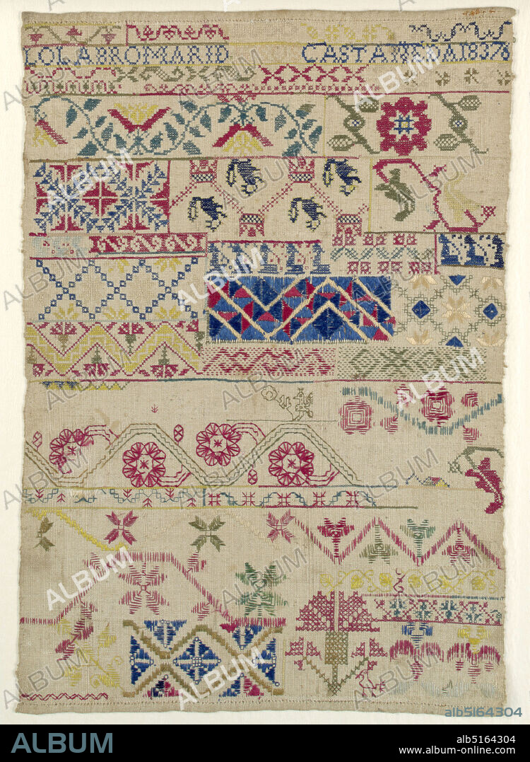 Sampler, Maria Jesus Castaneda, Medium: silk and cotton embroidery on cotton foundation Technique: embroidered in running, cross, and double running stitches on plain weave foundation, Bands of geometric and floral pattern in bright colors., Mexico, 1837, embroidery & stitching, Sampler.