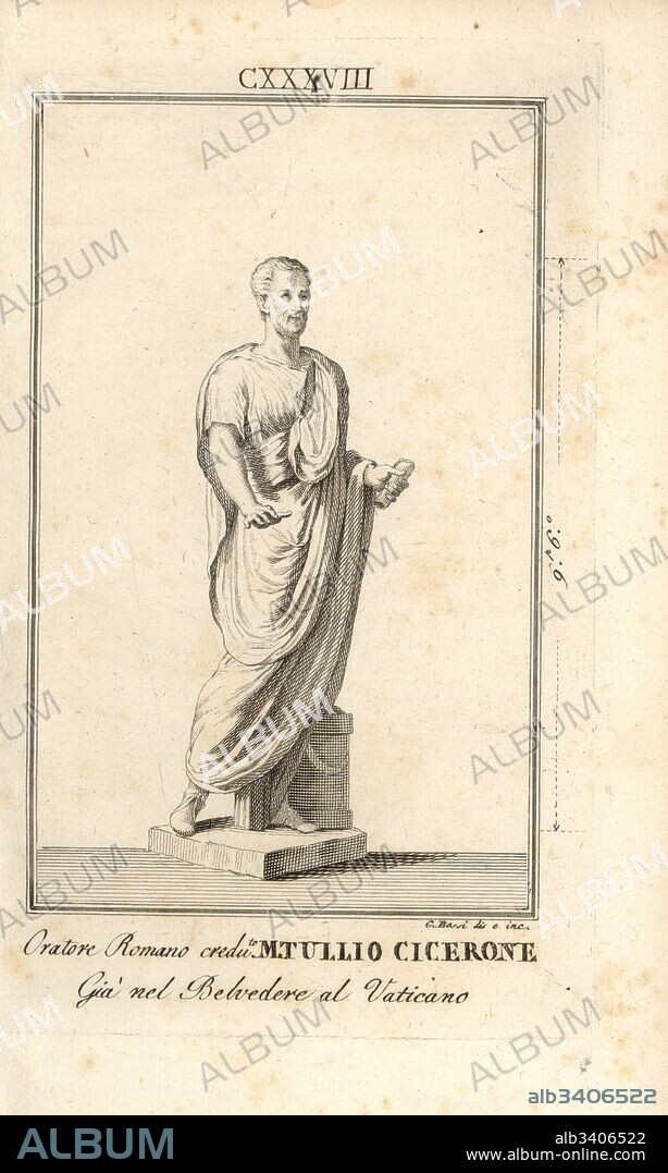 Statue of a Roman orator and politician believed to be Marcus Tullius Cicero. From the Belvedere Courtyard in the Vatican. Copperplate engraving after an illustration by Giacomo Bossi from Pietro Paolo Montagnani-Mirabili's Il Museo Capitolino (The Capitoline Museum), Rome, 1820.
