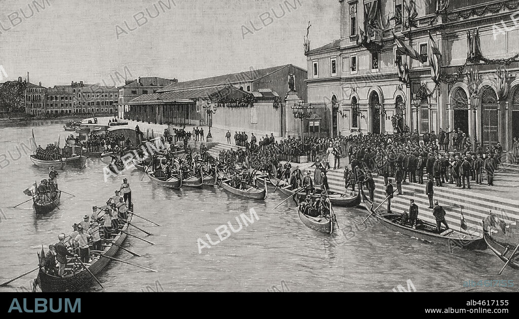 Viaje de los emperadores de Alemania a Tierra Santa, Guillermo II de Alemania (1859-1941) y Augusta Victoria de Schleswig-Holstein (1858-1921). Llegada de SS.MM. a Venecia, Italia. La imagen representa el momento de salir de la estación del ferrocarril de los soberanos alemanes e italianos para tomar la góndola de la corte, la cual les condujo por el Gran Canal al Palacio de los Dux, el día 13 de octubre de 1898. En la estación recibieron a los emperadores alemanes, Humberto I de Italia y Margarita Teresa de Saboya. Grabado. La Ilustración Española y Americana, 1898.