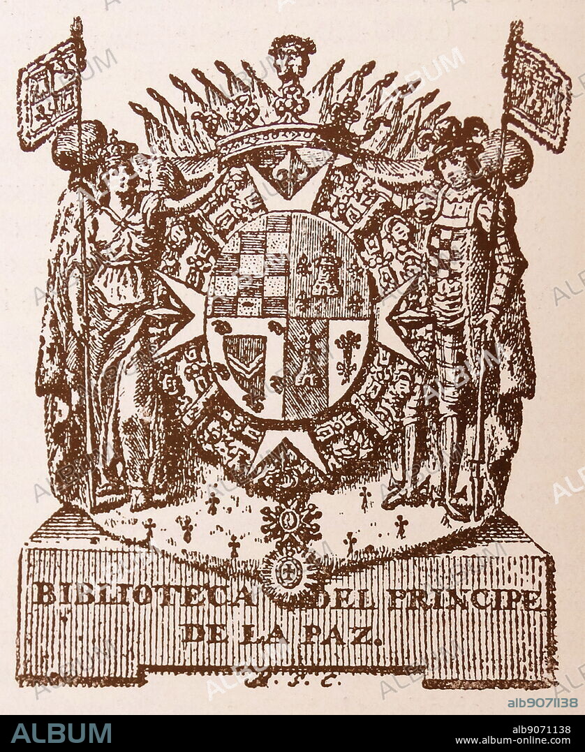 Crest of Manuel Godoy y Alvarez de Faria, Prince of Peace, 1st Duke of Alcudia, 1st Duke of Sueca, 1st Baron of Mascalbo (May 12, 1767 - October 4, 1851) was First Secretary of State of Spain from 1792 to 1797 and from 1801 to 1808. He received many titles, including Principe de la Paz ("Prince of Peace"),.