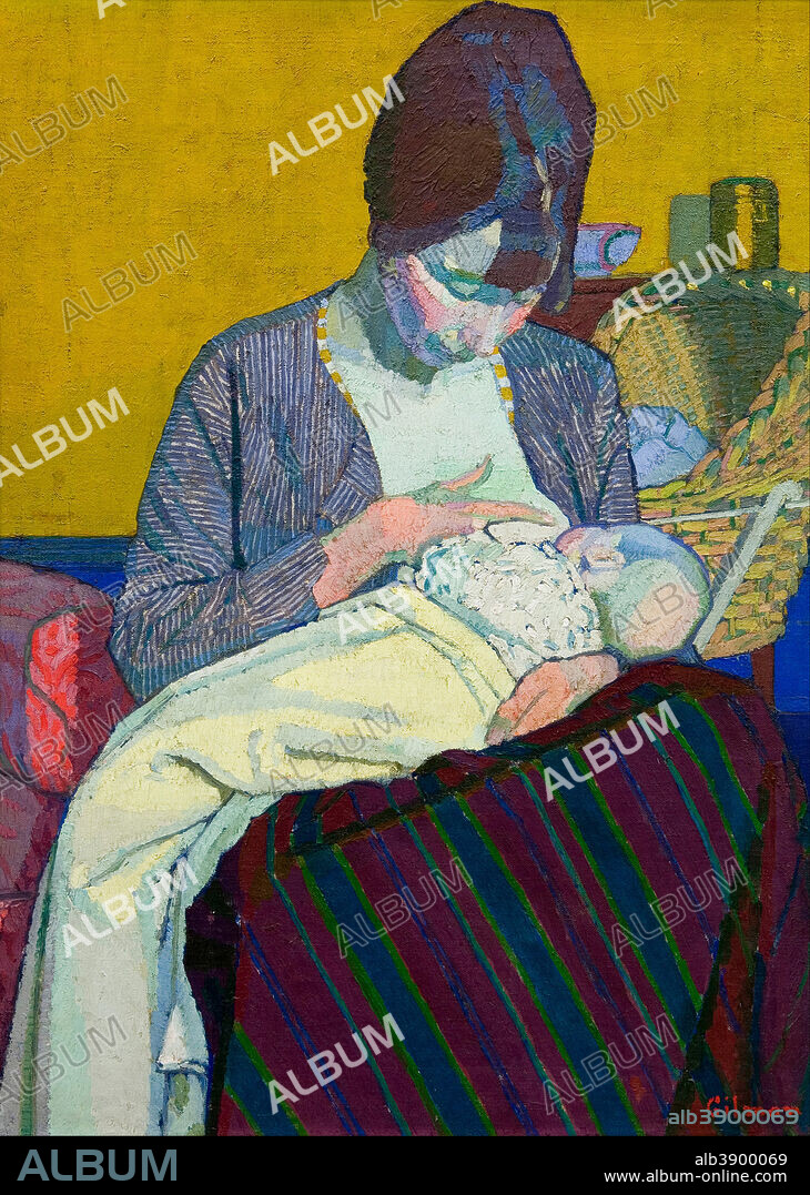 HAROLD GILMAN. Mother and Child. Date/Period: 1918. Painting. Oil on canvas. Width: 507 mm. Height: 698 mm (Without frame).