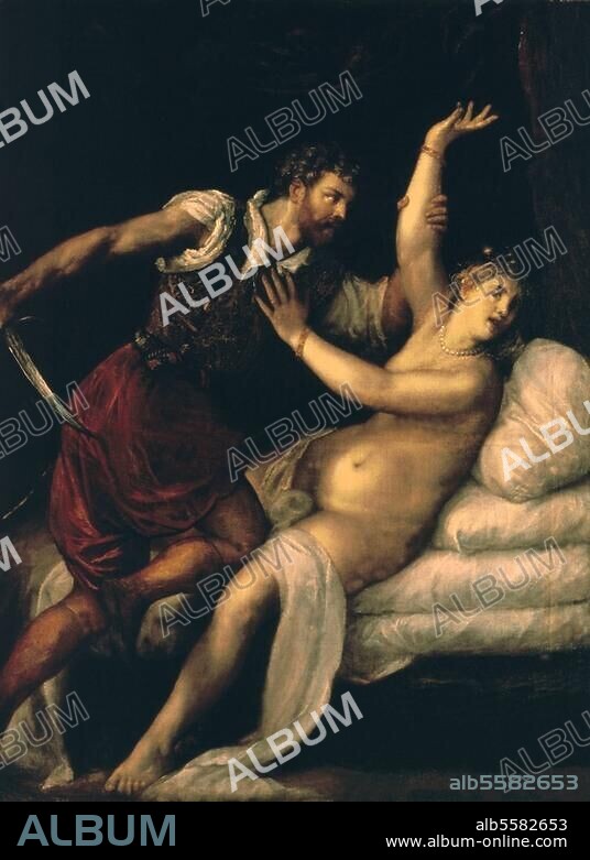 Tizian, eigentl. Tiziano Vecelli (o), um 1487/90-1576. "Tarquinius und Lucretia", um 1586/71. Öl auf Leinwand, 193 × 143 cm. Bordeaux, Musée des Beaux-Arts.