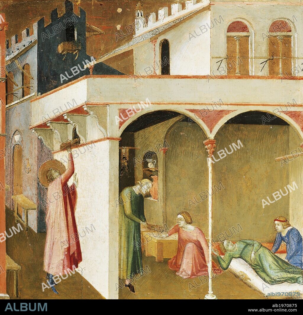 St Nicholas offering three poor girls their dowry, detail from The miracles of St Nicholas of Bari, 1327-1332, by Ambrogio Lorenzetti (1290-ca 1348), tempera on wood.