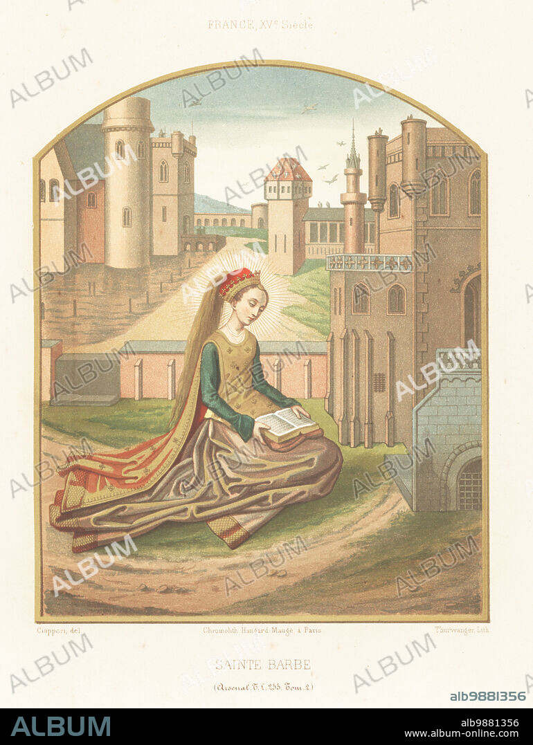Saint Barbara, virgin martyr, patron saint of explosives, 3rd century. In crown and velvet gown, reading a Bible near a town with a round tower with three windows. In 15th century French costume. Saint Barbe, XVe siecle. Taken from a Book of Hours, livre d'heures, MS Tl 255, Tom. 2, Bibliotheque de l'Arsenal. Chromolithograph by Thurwanger after an illustration by Claudius Joseph Ciappori from Charles Louandres Les Arts Somptuaires, The Sumptuary Arts, Hangard-Mauge, Paris, 1858.