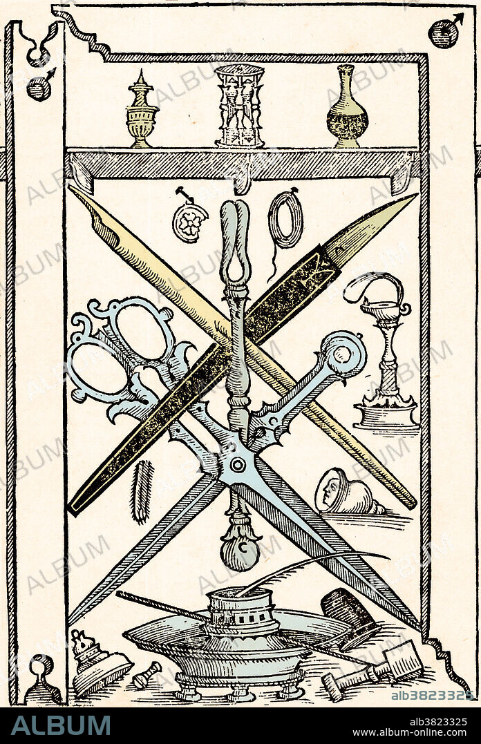 Colour enhanced illustration of writing implements from Libro nuovo d'imparare a scrivere (New Book for Learning to Write), by Giambattista Palatino, 1540. The book turned out to be one of the most influential books on writing from the 16th century. Palatino type was named after him.