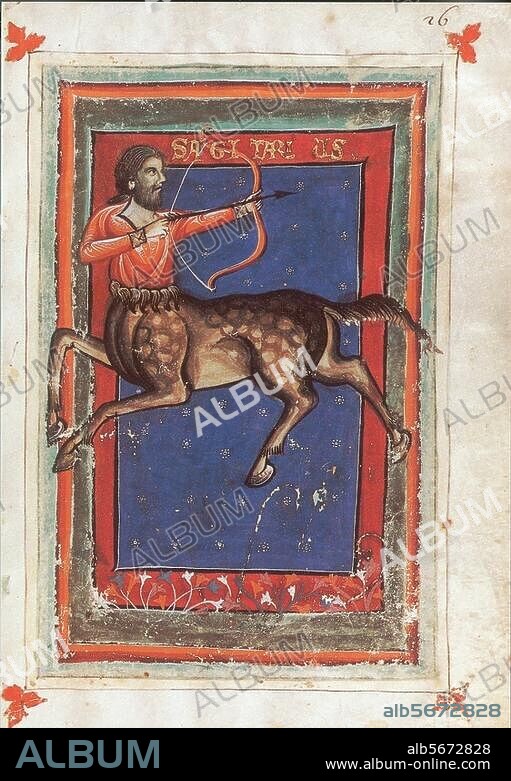 Astrology / Signs of the Zodiac:. Sagittarius, 23.11. - 21.12. - Signs of the zodiac: Saggitarius. Illuminated manuscript, Southern Italy or Sicily, 2nd quarter of the 13th Century. From: Georgius Zothorus Zaparus Fendulus, Liber astrologiae. Ms. latin 7330, fol. 26, Paris, Bibliothèque Nationale.