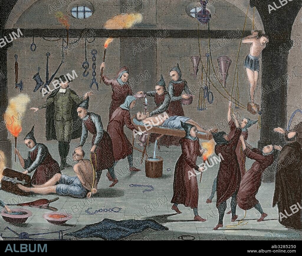 HISTORIA DE LA EDAD MEDIA. Grabado coloreado con la representación de diversas torturas corporales utilizadas durante la Edad Media. "La Cuerda" y la "tortura del agua".