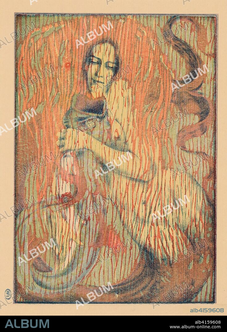 Playful Mermaid. Henri Héran (née Paul Herrmann) (German, 1864-1940); published by Pan (German and French, 1895-1900). Date: 1897. Dimensions: 292 × 204 mm (image/block); 485 × 323 mm (sheet). Color woodcut from three blocks and lithograph in blue on tan wove paper. Origin: Germany.