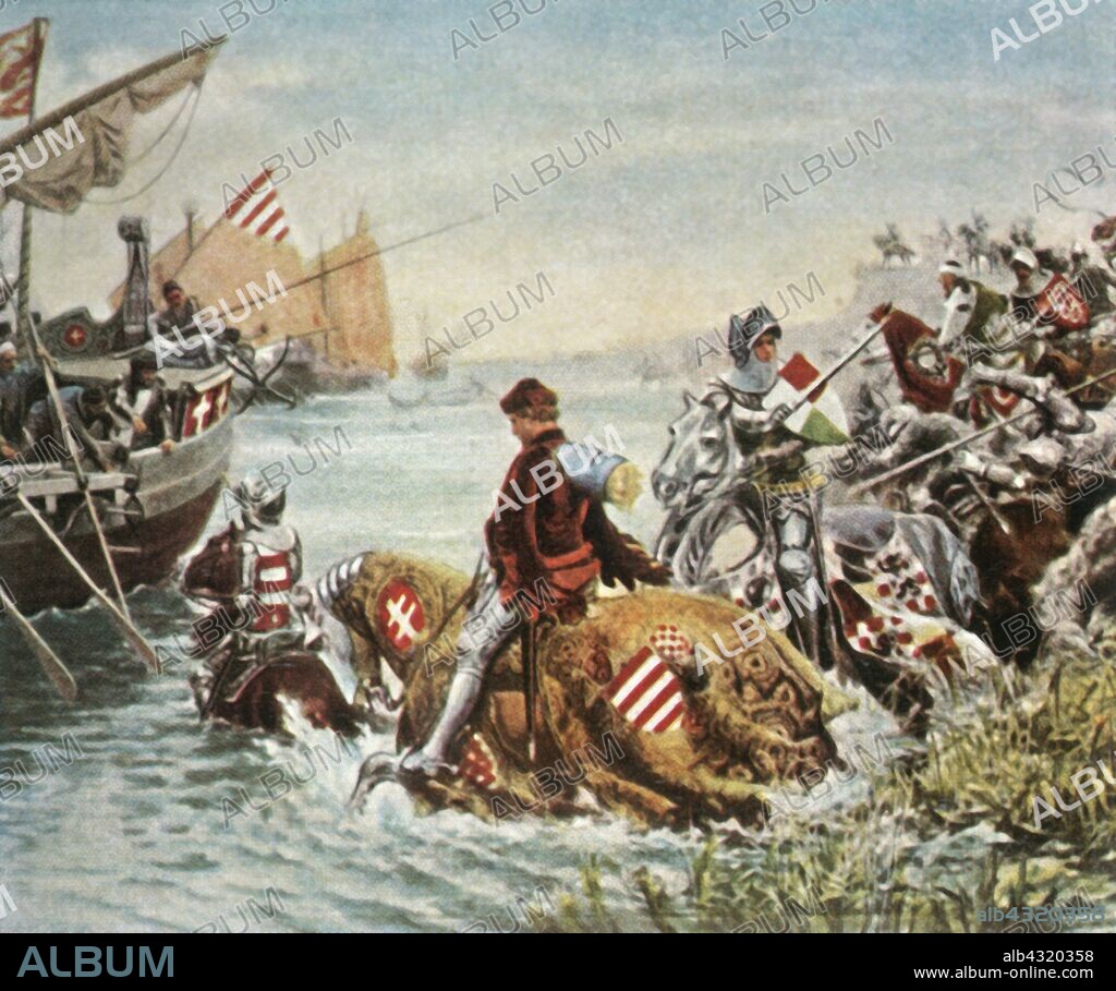 Sigismund is rescued after the battle of Nicopolis, 1396, (1936). 'Rettung Des Späteren Kaisers Sigismund In Der Schacht Von Nikopolis Durch Den Burggrafen Johann Von Nürnberg, 1396'. Count Hermann of Cilje (1365-1435) saved the life of Sigismund, Holy Roman Emperor after the battle against the Ottoman Turks in the Bulgarian town of Nicopolis in 1396. In this depiction it is Johann Von Nürnberg who helps the emperor. From "Bilder Deutscher Geschichte", (Pictures of German History), No.12, cigarette card album. [Cigaretten-Bilderdienst, Altona-Bahrenfeld, Hamburg, Germany, 1936].