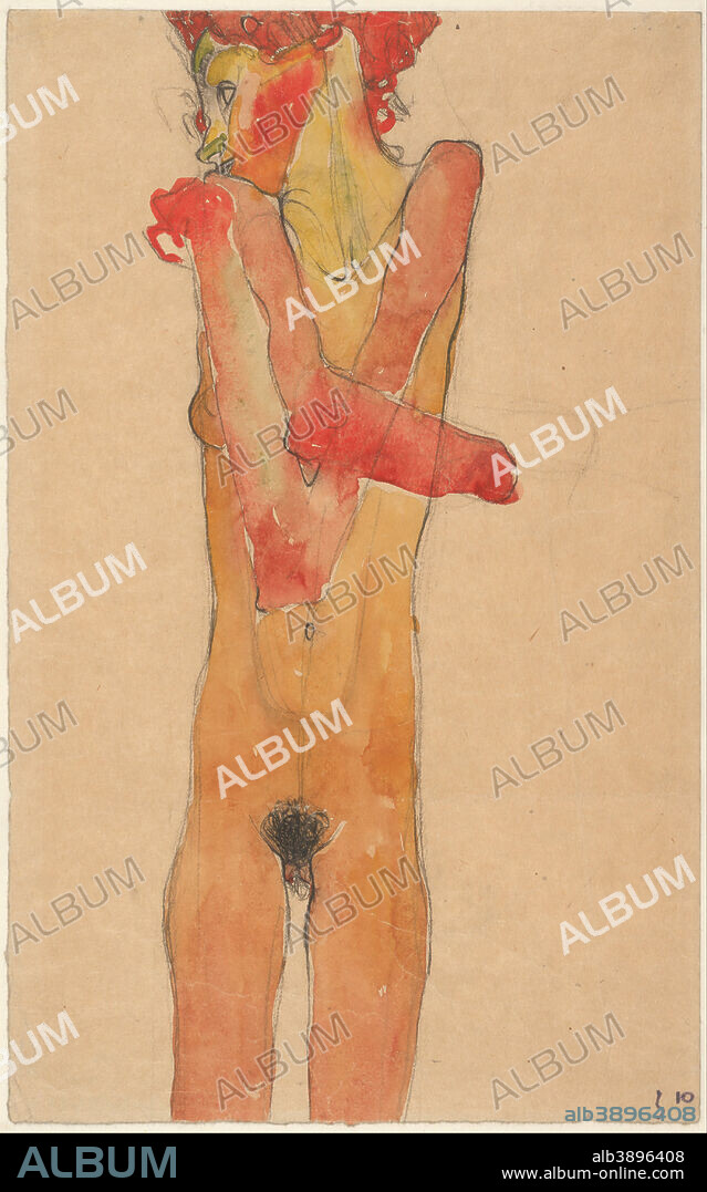 EGON SCHIELE. Girl Nude with Folded Arms, 1910. Date/Period: 1910. Drawing. Black chalk, brush and watercolor on brown paper.