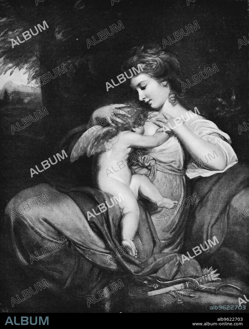 SIR JOSHUA REYNOLDS. 'Hope Nursing Love (Miss Morris as Hope Nursing Cupid)', c1770, (1912). Painting held at Port Eliot, Plymouth City Council Museum and Art Gallery, Plymouth. From Bibby's Annual 1912, [J. Bibby & Sons, Liverpool, 1912].
