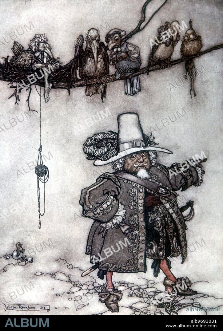 Fairies - An illustration by Arthur Rackham - from the 1905 edition of Rip Van Winkle - There was one who seemed to be the commander - The story of Rip Van Winkle - who fell asleep in the Catskill mountains after drinking a mysterious brew acquired from some strange little men, and then awoke 20 years later -.