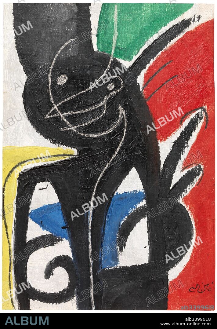 JOAN MIRÓ. Joan Miró / "Femme à la mantille", 1976, Óleo, lápiz de cera y grattage sobre tela, 35 x 24,5 cm.