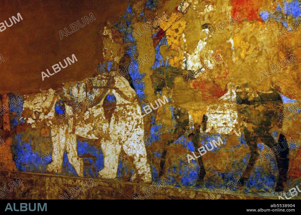 The Afrasiab painting is a rare example of Sogdian art. It was discovered in 1965 when the local authorities decided on the construction of a road through the middle of Afrasiab mound, the old site of pre-Mongol Samarkand. It is now preserved in a special museum on the Afrasiab mound. It is the main painting we have of ancient Sogdian art. The painting dates back to the middle of the 7th century CE. On the four walls of the room of a private house, three or four different countries neighbouring Central Asia are depicted. On the northern wall China (a Chinese festival, with the Empress on a boat, and the Emperor hunting), on the Southern Wall Samarkand (the Iranian world: a religious funerary procession in honor of the ancestors during the Nowruz festival), on the eastern wall India (as the land of the astrologers and of the pygmies, but the painting is much destroyed there). The topic on the main wall, the western wall facing the entrance is debated between specialists. Turkish soldiers are escorting ambassadors coming from various countries of the world (Korea, China, Iranian principalities, etc). There are three main hypotheses. The leading expert on Sogdian painting, the excavator of Panjikent, B. Marshak points out that Sogdian painting, gods are always depicted on the top of the main wall. However, as the Turks are guiding the embassies but are not themselves ambassadors, it has been suggested also that the Turkish Qaghan, then lord of inner and central Asia, might be depicted there. A Chinese text states that the 'Four Lords of the World', here China, India, Iran and Turan, are depicted on the walls of palaces near Samarkand precisely during this period, and this would perfectly fit the four walls of this room. The last hypothesis makes use of an inscription mentioning the king of Samarkand to propose the idea that the ambassadors are presenting their gifts to him.