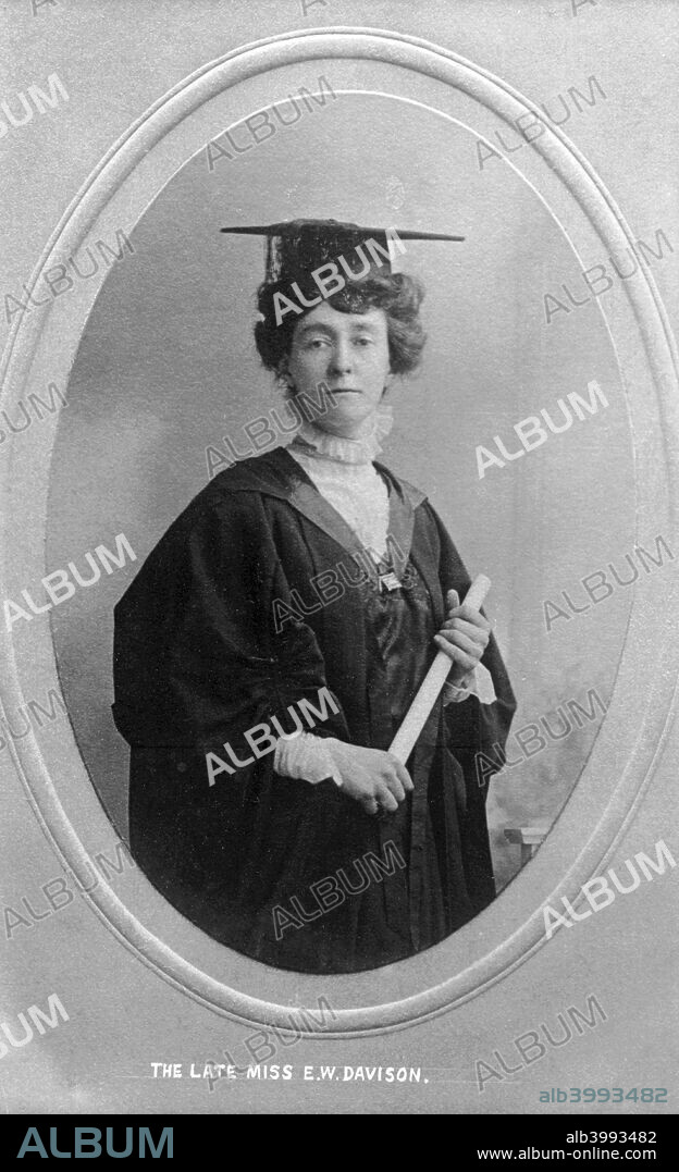 Emily Wilding Davison, the most famous suffragette of all, 1909. Emily Wilding Davison gave up her teaching post to become a career militant. She joined the Women's Social and Political Union in 1906. She served nine prison sentences, and endured many sessions of force-feeding, for a wide range of offences including obstruction, stone throwing, window smashing, setting fire to pillar-boxes, and assaulting a Baptist minister whom she mistook for the Liberal Cabinet Minister David Lloyd George. She also hid in the House of Commons broom cupboard on census night in 1911, and a memorial to her has been placed there. In the 1913 Derby she ran out on to the racetrack and attempted to stop the king's horse, Anmer. She received serious head injuries and died four days later at Epsom Cottage Hospital, surrounded by a suffragette guard of honour and purple, white and green flags. Emily is photographed here wearing her Holloway Badge.
