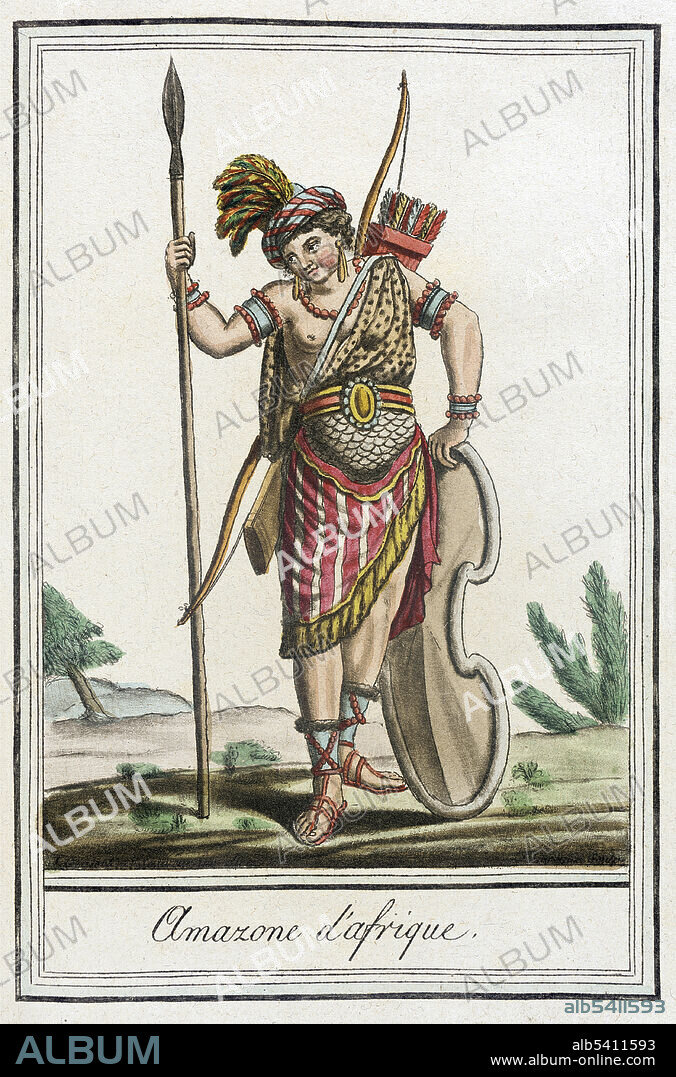 The Dahomey Amazons were a Fon all-female military regiment of the Kingdom of Dahomey. While European narratives refer to the women soldiers as Amazons, they called themselves ahosi (king's wives) or Mino (our mothers). During their membership they were not allowed to have children or be part of married life. Many of them were virgins. The Mino trained with intense physical exercise. They learnt survival skills and indifference to pain and death. The Mino were also wealthy and held high status. Engraving by Labrousse from Costumes of Different Countries, circa 1797.