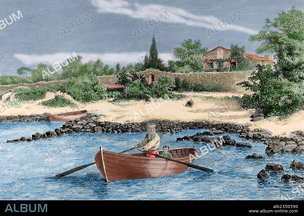 Jean-Baptiste Alphonse Karr (1808 âA_i_ 1890). French critic, journalist, and novelist. Residence of the writer. Engraving by P. Grenier. Saint-Raphael, Var, France. Colored.