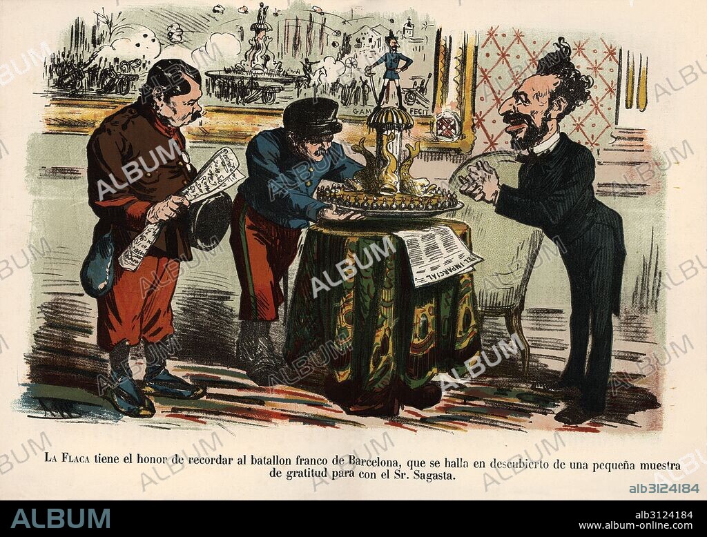 Caricatura de Práxedes Mateo-Sagasta Escolar (1825-1903), presidente del gobierno de España durante el período conocido como el sexenio democrático. Dibujo satírico político publicado en la revista La Flaca, en junio de 1871 en Barcelona.