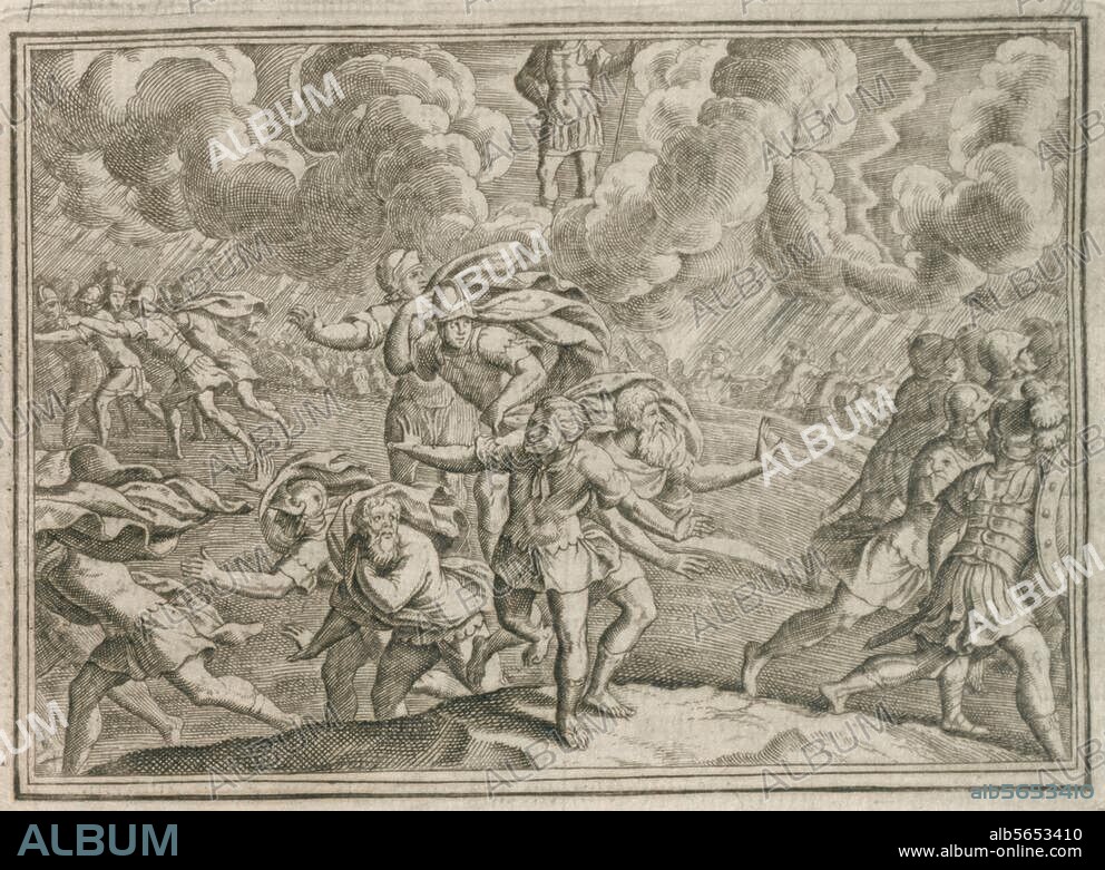 Romulus, sagenhafter Gründer und erster König Roms; 8. Jh. v. Chr. Romulus wird bei der Musterung des Kriegsvolks am See Capaepalus in den Himmel entrückt. Kupferstich von Matthäus Merian d. Ä. (1593-1650). Aus: Johann Ludwig Gottfried, Historische Chronica, Frankfurt a. M. (M.Merian) 1630, S. 69. Berlin, Sammlung Archiv für Kunst und Geschichte.