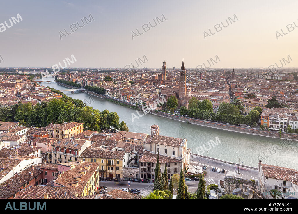 The view over Verona, UNESCO World Heritage Site, from Piazzale Castel San Pietro, Verona, Veneto, Italy, Europe.