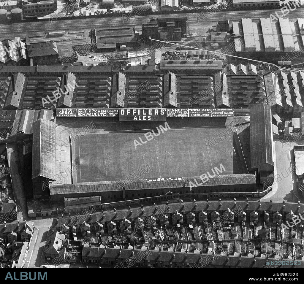 The Baseball Ground, Derby, Derbyshire, 1952. The home of Derby County Football Club from 1895 until 1997, demolished in 2003-2004. The site has been redeveloped with housing.
