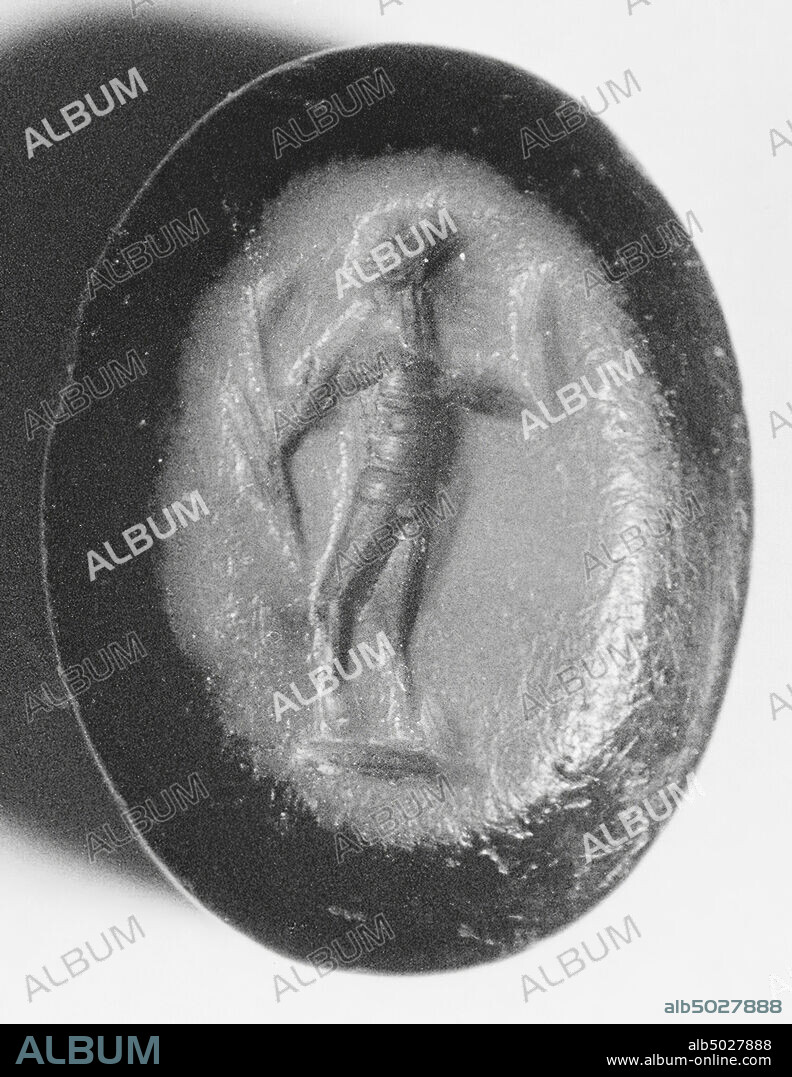 man with beard and goat legs. In the right hand a pedum and the left hand is lifted to the mouth., Gem, intaglio, ringstone, stone, onyx, nicolo, Color: black and blue, opaque, Shape: oval, lying, Processing: Maaskant-Kleibrink, M., Catalog of the engraved gems in the Royal Coin Cabinet, 1978, p.60, fig.2, type F4 (?), 9 x 6.5 mm. Thickness 3 mm., 2nd - 3rd century after Chr. 100-300, Netherlands, Limburg, unknown, unknown.