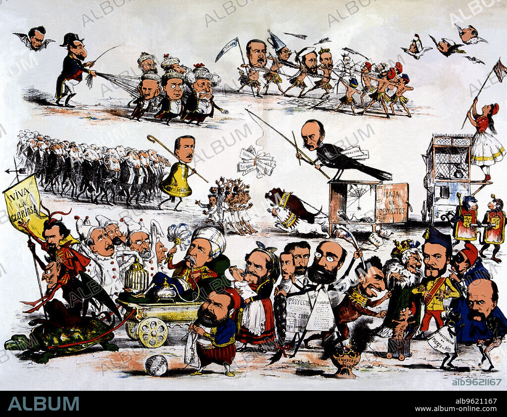 Revolution of 1868, political cartoon of the revolution that overthrew Isabel II called 'the Glorious', published in the journal 'La Flaca' 1868.