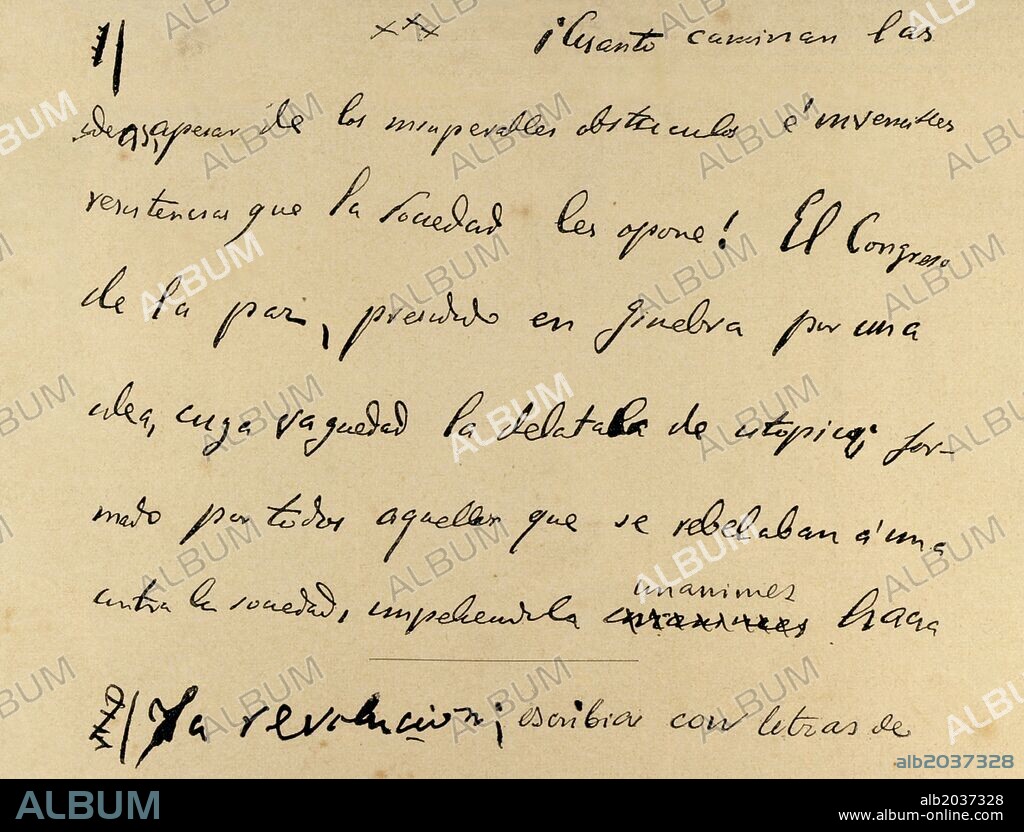 CASTELAR, Emilio (Cádiz, 1832-San Pedro del Pinatar, 1899). Político español. Ministro durante la Primera República y jefe de Gobierno. Después del golpe de Estado de Pavía y la Restauración de los Borbones, colaboró con éstos. "Facsímile de la última cuartilla escrita por D. Emilio Castelar". "La Ilusración Artística, año 1899".