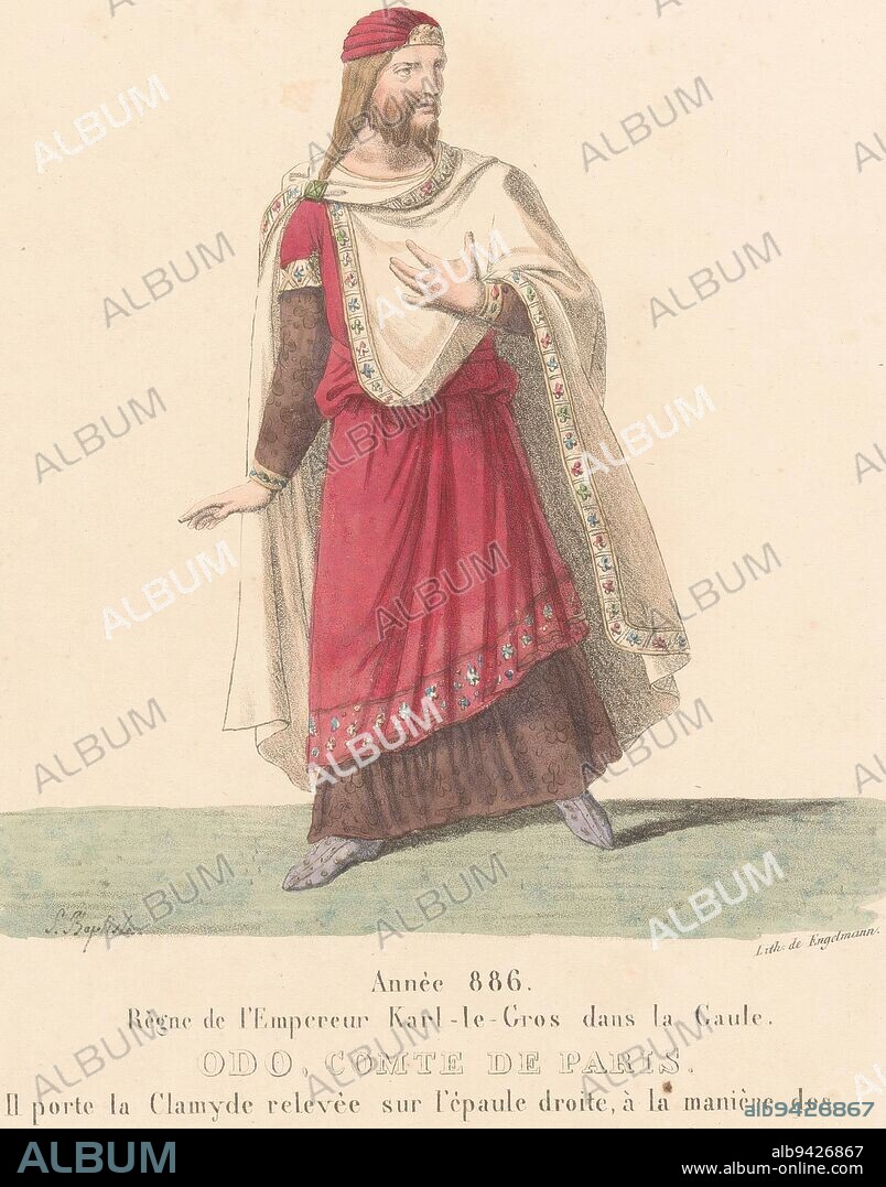 Costume of Odo I, king of West-France from the tragedy Le Siege de Paris Odo, comte de Paris Theatre costumes Th, print maker: Martin Sylvestre Baptiste, (mentioned on object), Henri Duponchel, Jean Alaux, Paris, 1826, paper, h 372 mm - w 278 mm.