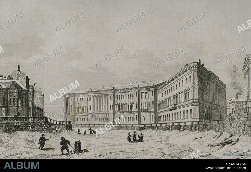 Rusia. San Petersburgo. Vista del Estado Mayor por la parte del Canal de la Moika en invierno. Grabado por Lemaitre y Traversier. Historia de Rusia por Chopin. Panorama Universal, edición española de 1839.