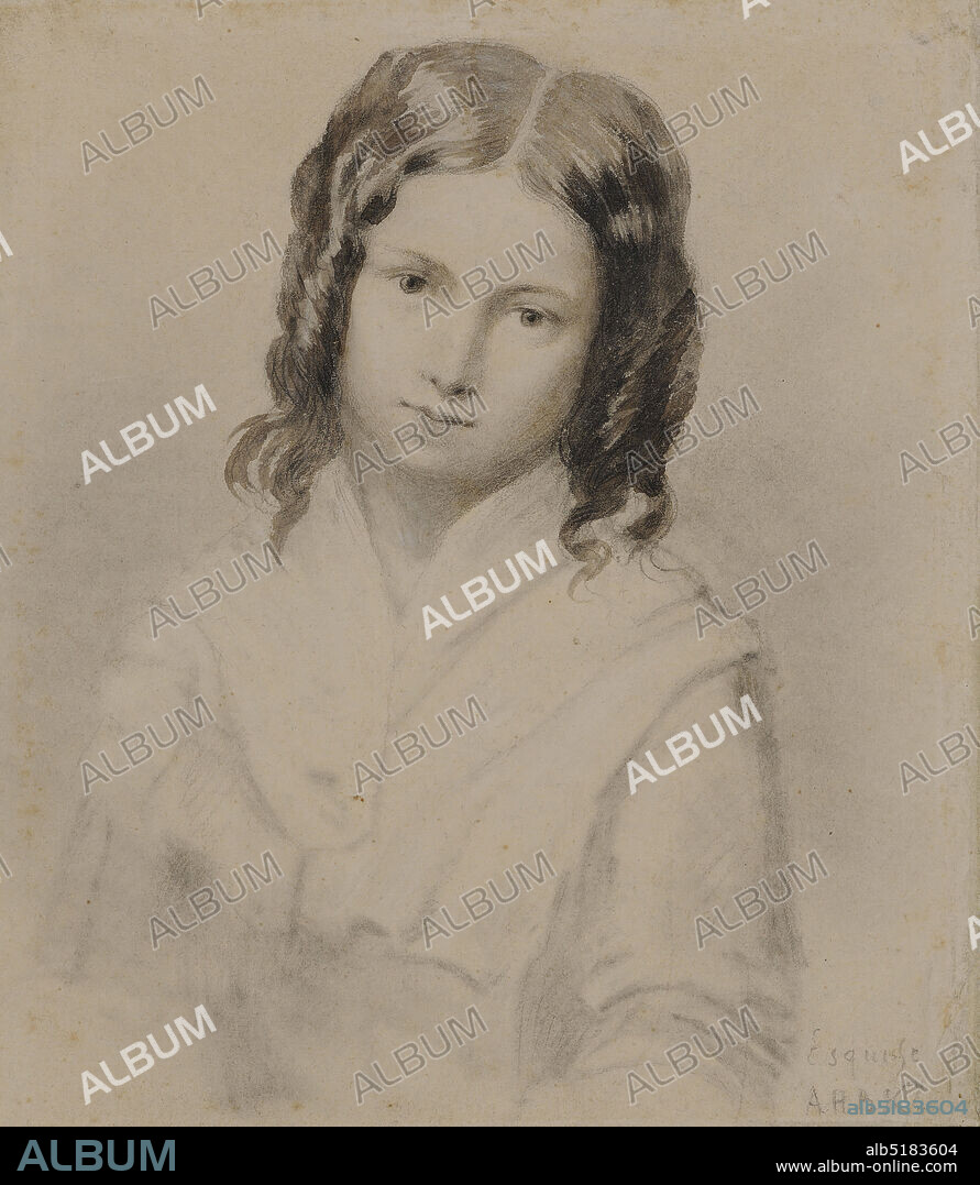 Portrait of a girl, drawing, Alexander Hugo Bakker Korff, c. 1860, Signature front, bottom right: AHBK, pencil, paper, Indian ink, Carrier: 17 x 13.9cm 170 x 139mm, Day size: 16 x 13.8cm 160 x 138mm, With passe-partout: 42.5 x 30cm 425 x 300mm, girl, child portrait, Drawing entitled Esquisse sketch, depicting a portrait of a young girl. The girl is depicted right in front, half-length, head tilted slightly to the right. She wears long, center-parted hair, with curls. Signed in pencil lower right, with the title Esquisse, 1953.