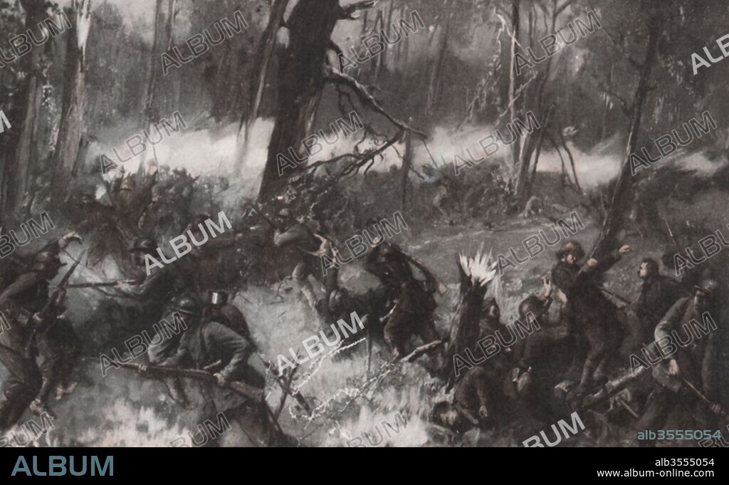 Primera guerra mundial (1914-1918). Francia. Combate en un bosque de Coucy, en las Ardenas. Grabado de 1916.