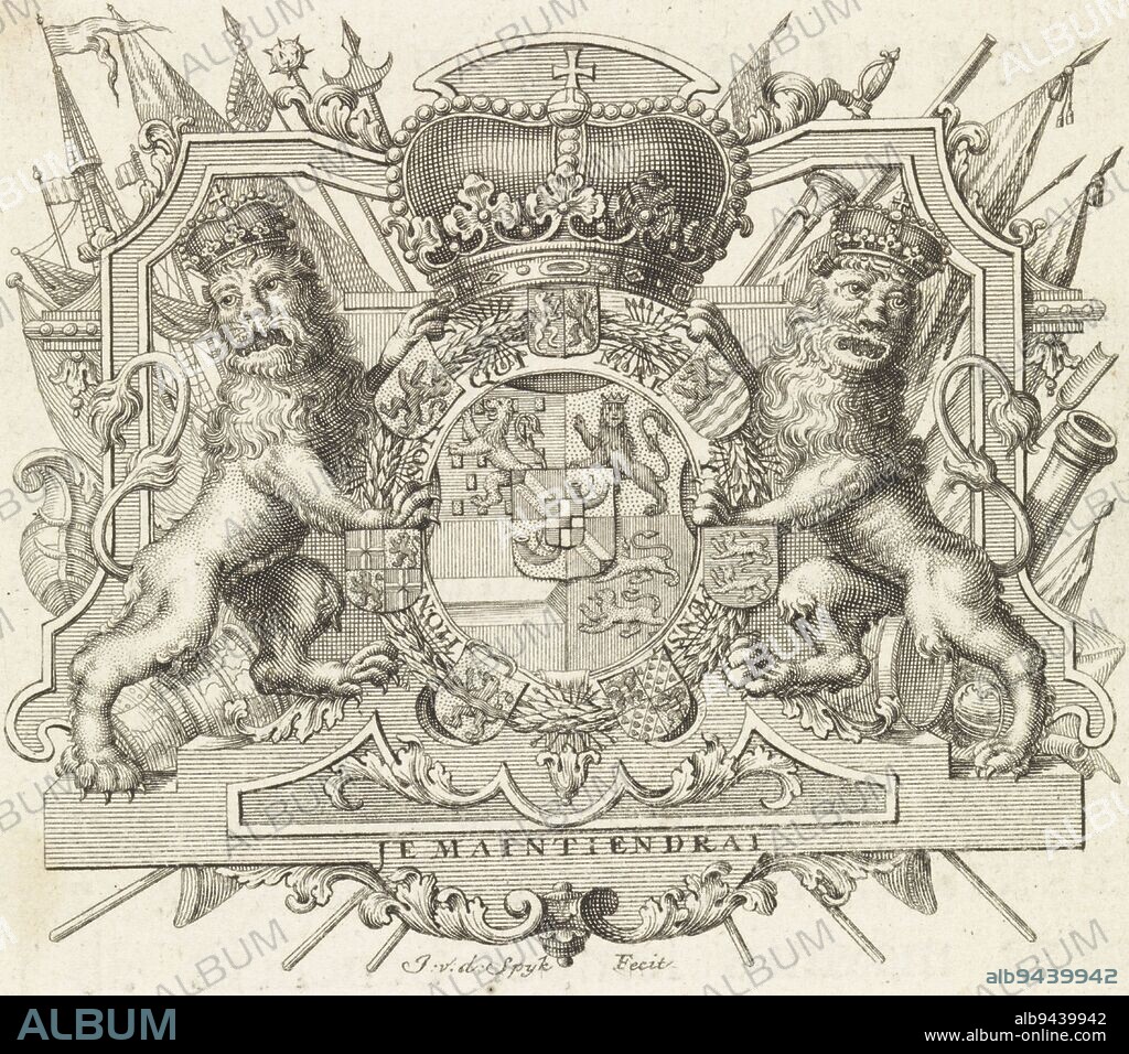 Coat of arms of William IV, prince of Orange-Nassau, Johannes van der Spyck, 1736 - 1761, The coat of arms of William IV, prince of Orange-Nassau, with underneath the motto: Je Matiendrai., print maker: Johannes van der Spyck, (mentioned on object), Leiden, 1736 - 1761, paper, etching, engraving, letterpress printing, h 93 mm × w 105 mm.