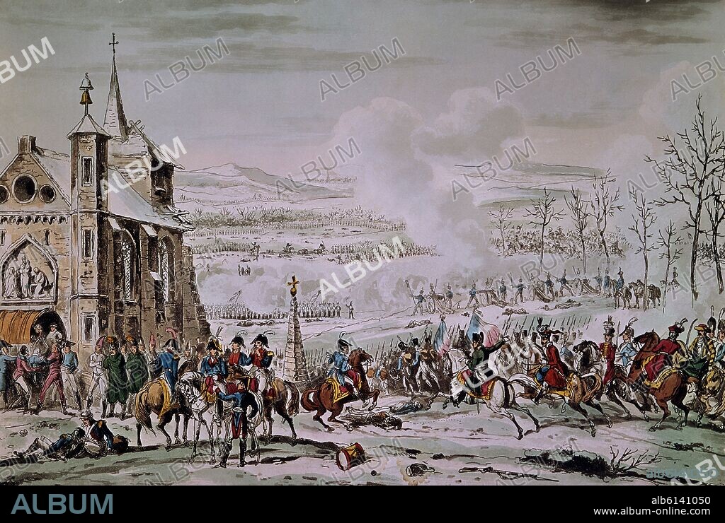 BATALLA DE EYLAU - SIGLO XIX - GRABADO COLOREADO.