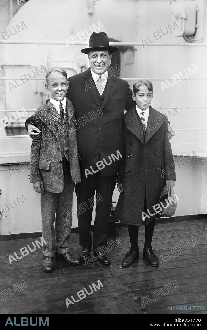 William Randolph Hearst with sons William, Jr. (left), and John (right), on Cruise Ship RMS Aquitania, Bain News Service, May 1922.