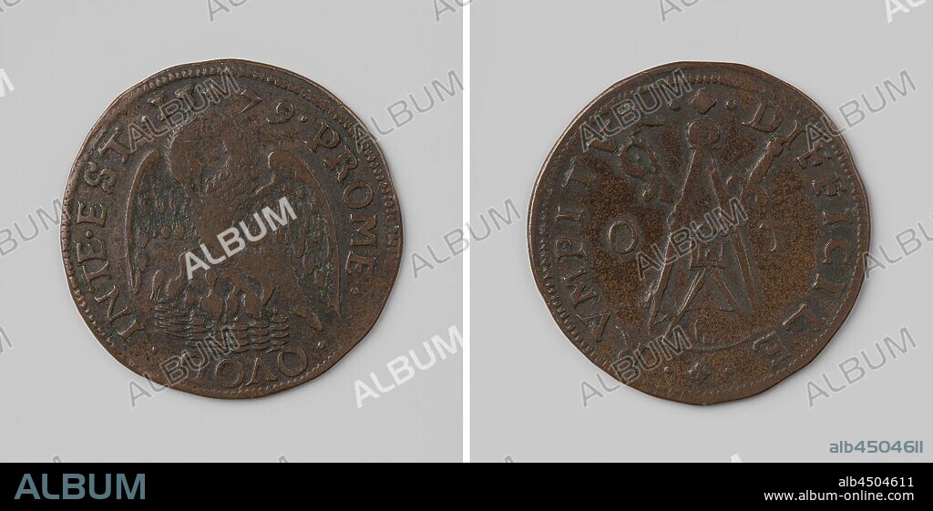 Union of Utrecht, Copper Medal. Obverse: pelican, feeding young boy with its own blood within a circle. Reverse side: open compass, standing on circle, with chain and lock connected with crossed bishop's staff and sword, flanked by the letters O and T within the inscription, Utrecht, Staten van Utrecht, anonymous, Dordrecht, 1579, copper (metal), striking (metalworking), d 2.9 cm × w 5.16 gr.