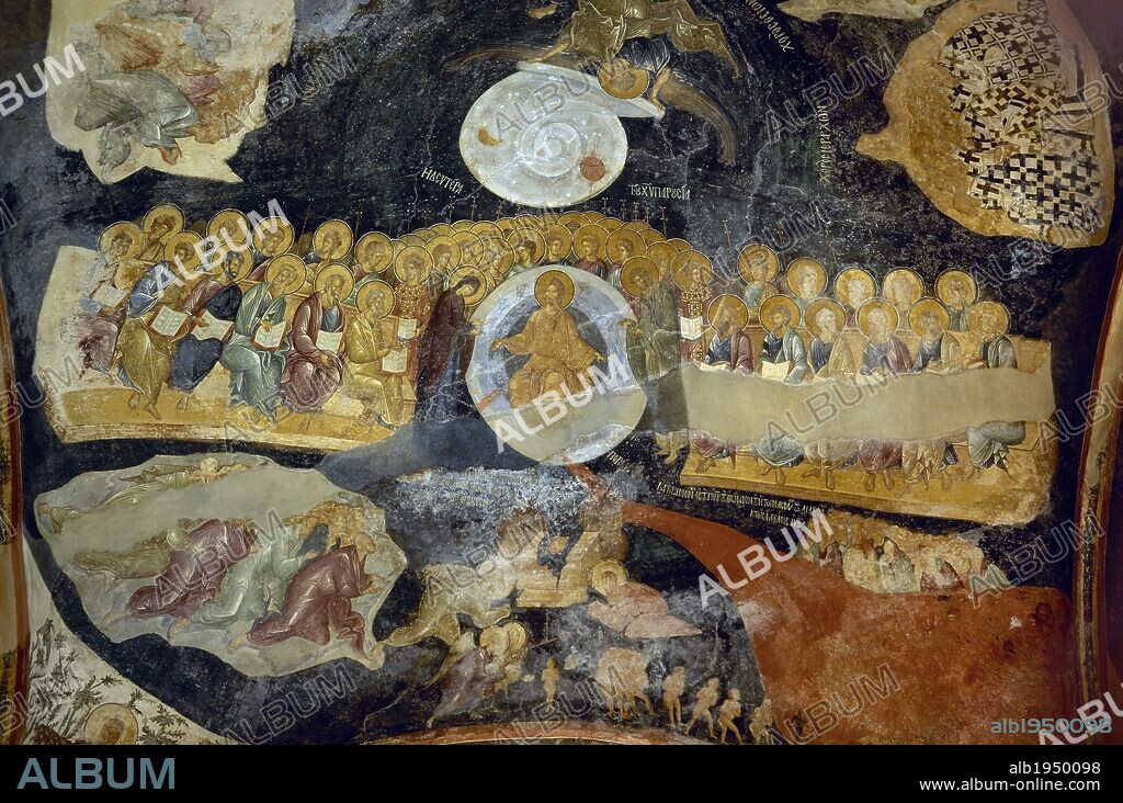 Turkey. Istanbul. Church of the Holy Saviour in Chora. 11th century. Fresco at the Parecclesion depicting the Last Judgement, with Christ at the center of the celestial vault, among the Apostles, the Virgin Mary and John the Baptist. Underneath, the choir of the elect and the preparation of the throne of judgment, with Adam and Eve.