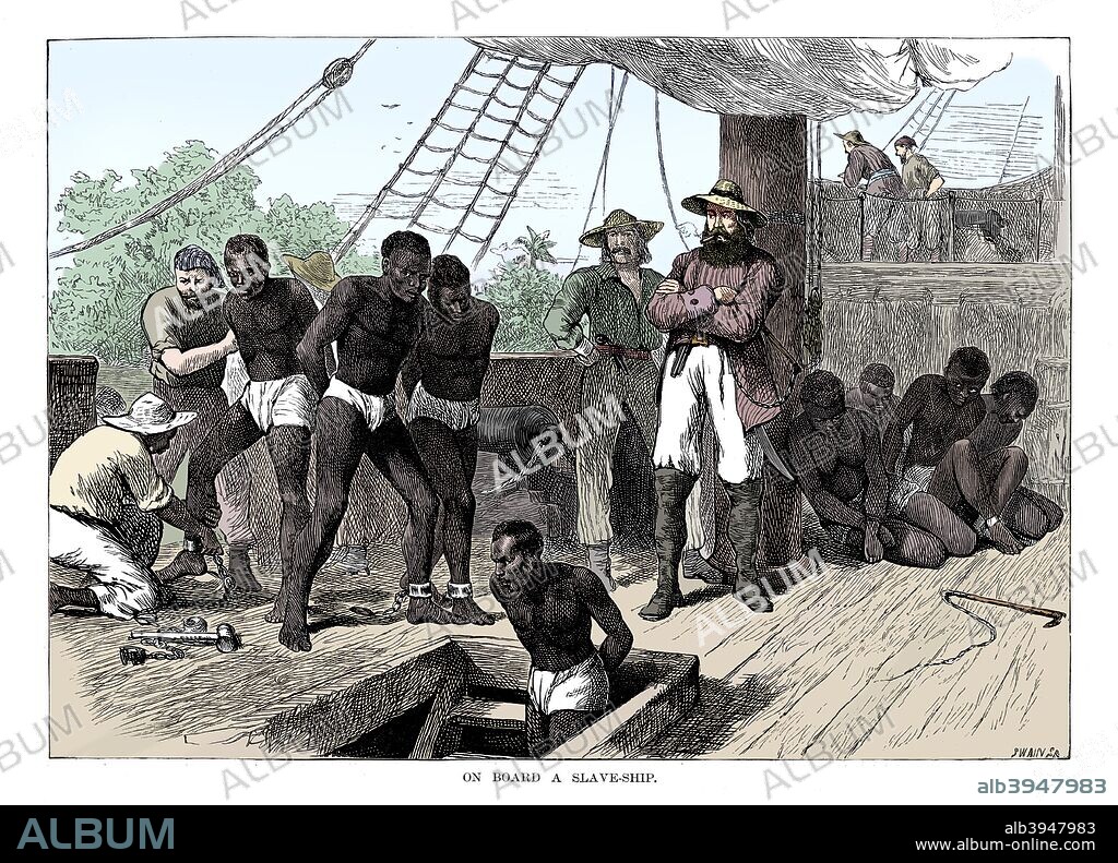 Captives being brought on board a slave ship on the West Coast of Africa (Slave Coast), c1880. Although Britain outlawed slavery in 1833 and it was abolished in the USA after the defeat of the Confederacy in the Civil War in 1865, the transatlantic trade in African slaves continued. The main market for the slaves was Brazil, where slavery was not abolished until 1888. (Colorised black and white print).