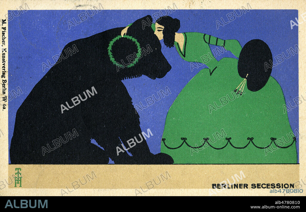 'Berliner secession' : une femme peintre embrasse un ours (symbole de Berlin). Carte postale commemorative pour la Secession de Berlin en 1901. Illustration THomas Theodore HEINE (1867-1948) . Credit : Collection IM/KHARBINE-TAPABOR.