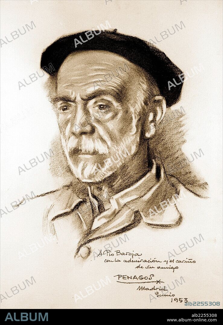 RAFAEL DE PENAGOS. BAROJA , PIO. ESCRITOR ESPAÑOL. SAN SEBASTIAN 1872 - 1956. RETRATO. DIBUJO DE RAFAEL PENAGOS , AÑO 1953.